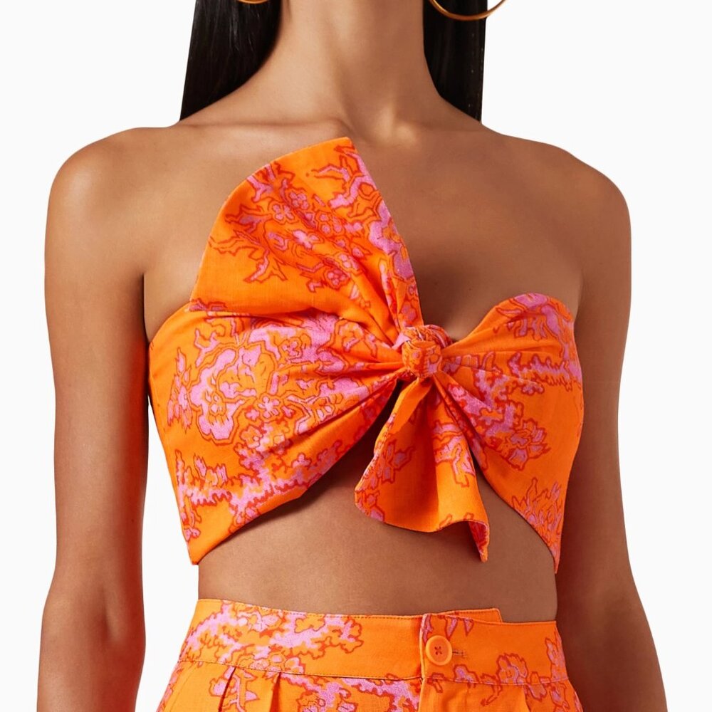 NEW RHODE TONI ORANGE LINEN BANDEAU TOP IN CORAL REEF PRINT #2 SIZE XL